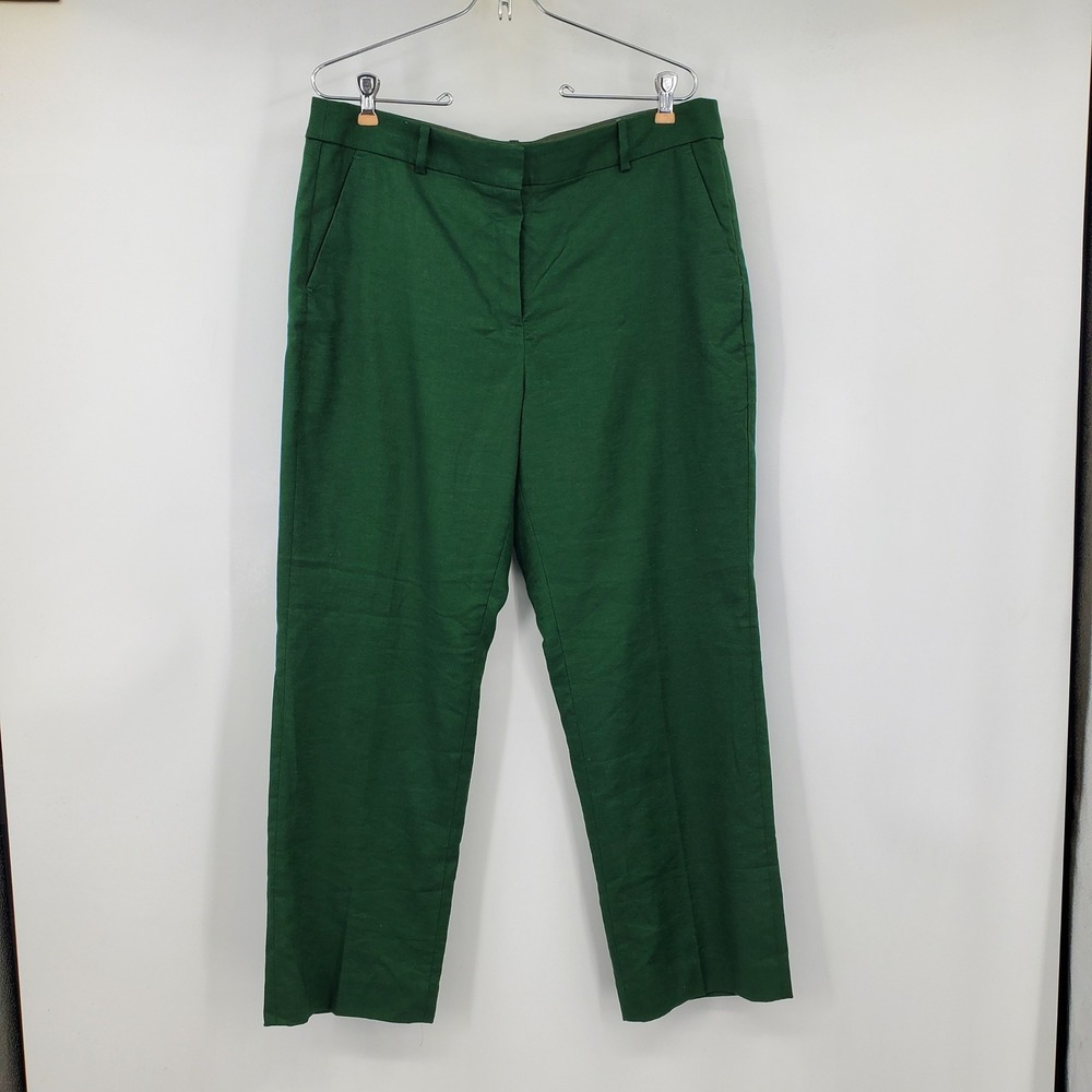 J.Crew Kallie Pant Green Linen Blend Straight Leg Trousers Size 14 Preppy Office